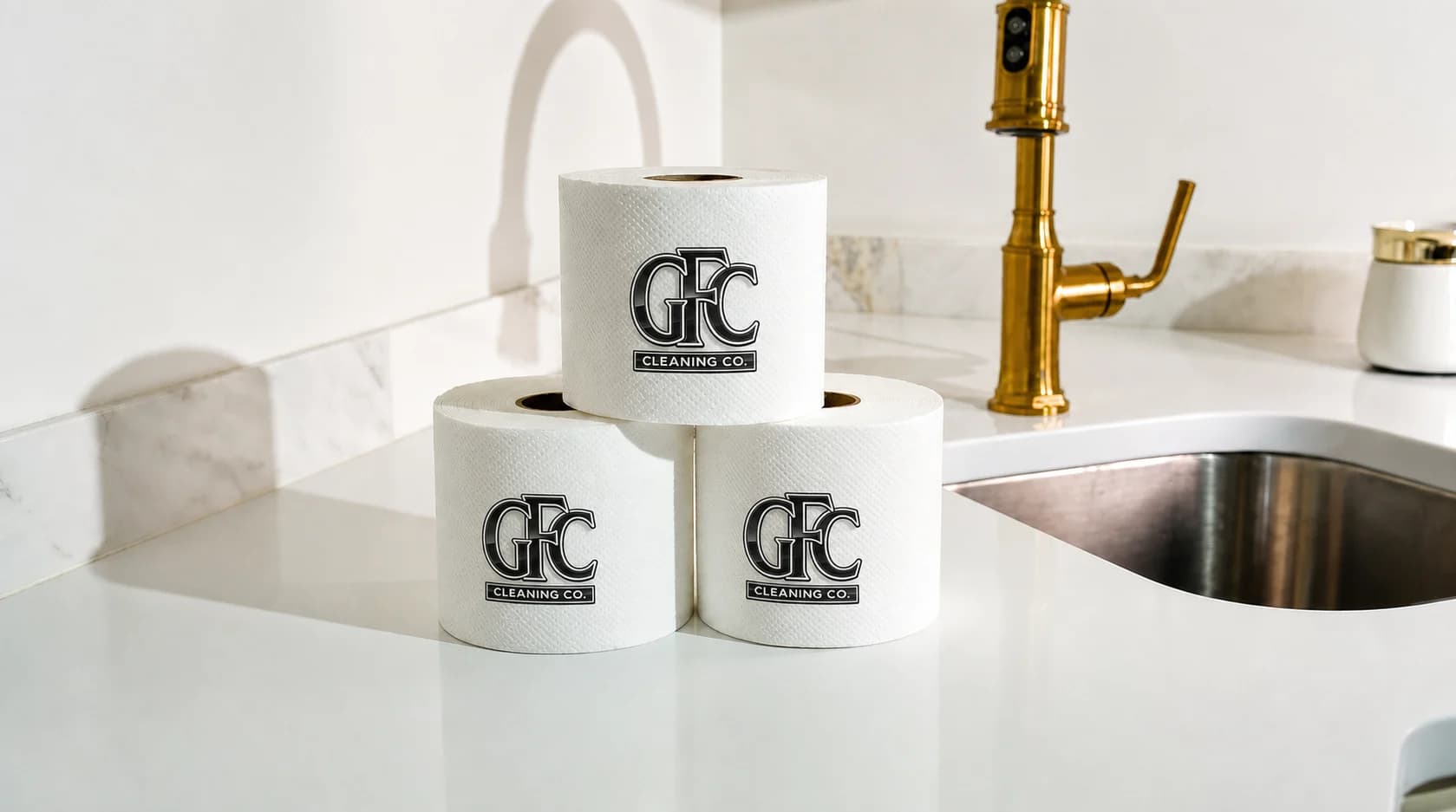 Neatly stacked toilet rolls on a spotless kitchen counter