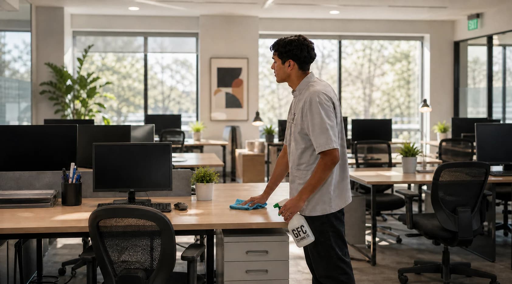 A Got Filth cleaner wiping down desks in an open-plan office