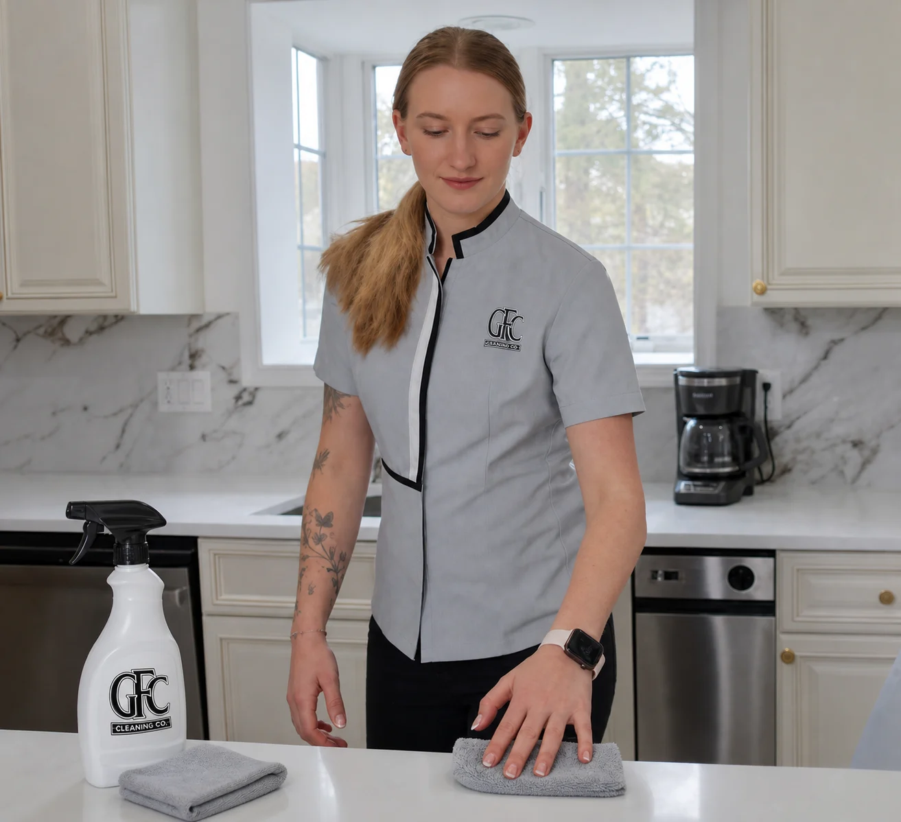 A Got Filth cleaner wiping a kitchen counter in a private home